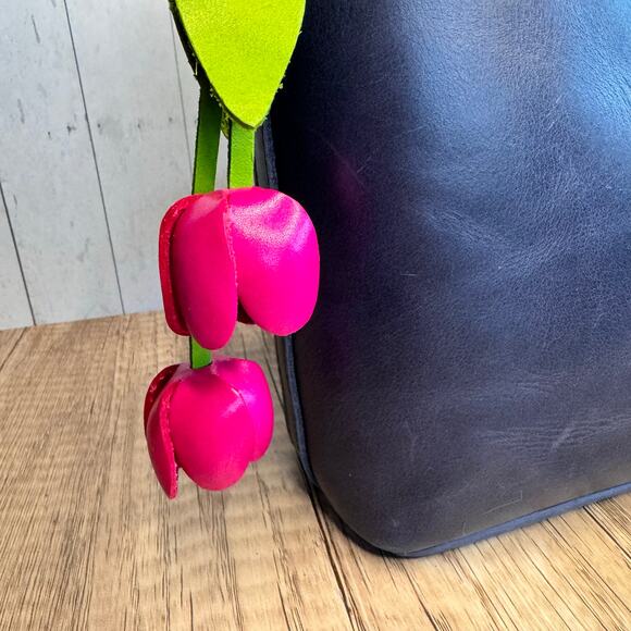 Leather Bright Pink Tulip Purse Charm Genuine Leather Tulip Spring Bag Charm - Picture 3 of 6